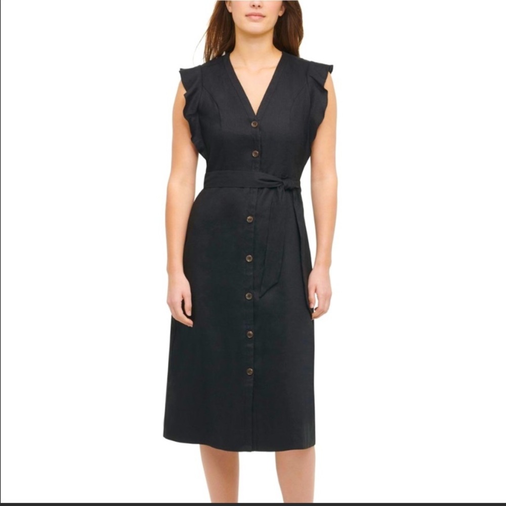 NWT Calvin Klein Linen Blend Classic Black Dress Button Size 8